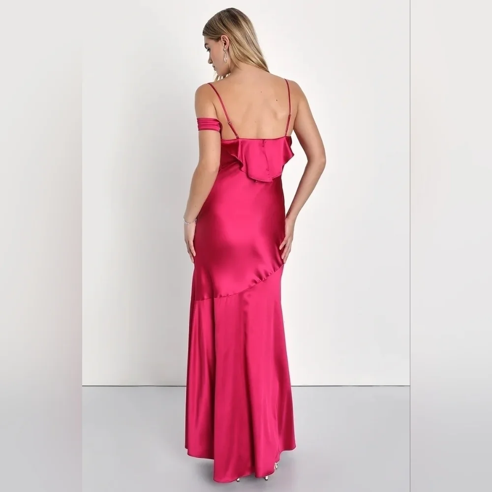 Lulus Enchanting Aesthetic Magenta Satin Asymmetrical Maxi Dress S Wedding Prom